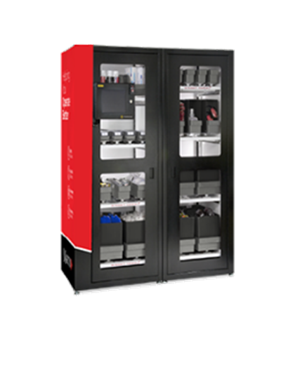 Industrial supply cabinet vending machine with workplace supply configuration